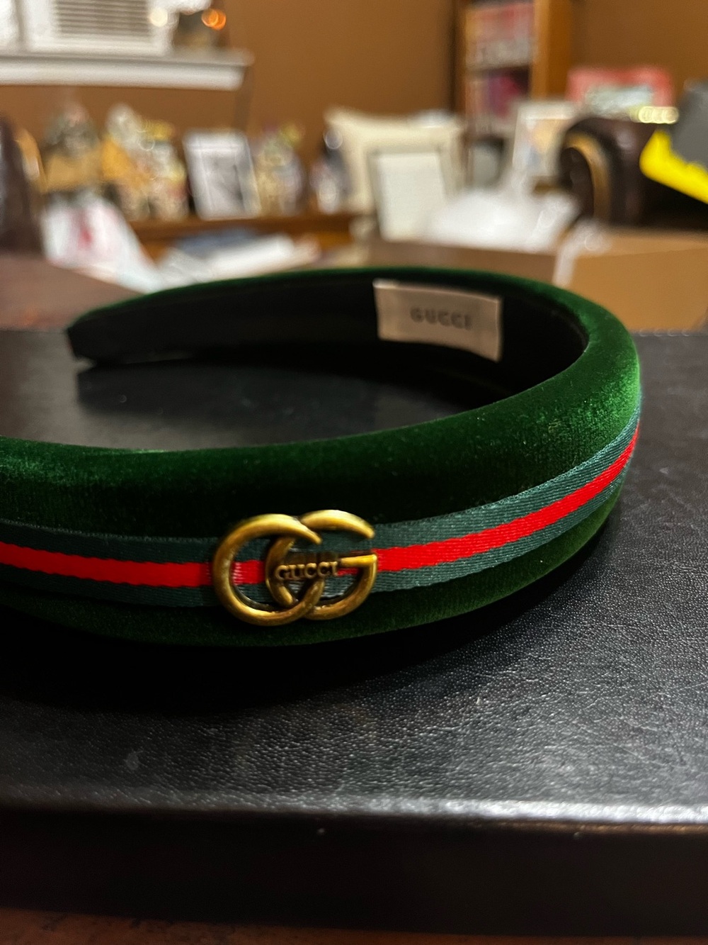 Double G Designer Deep Green Velvet Signature Letter Headband - Picture 5 of 7